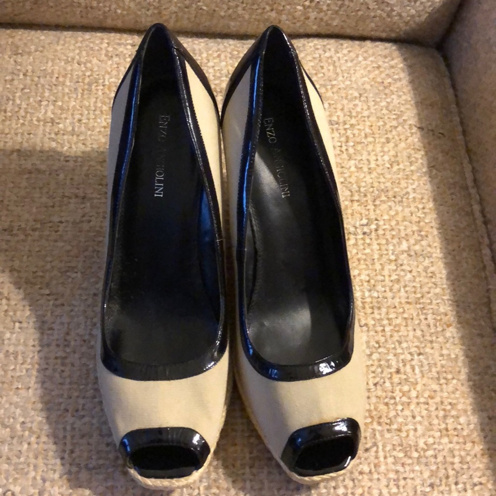 Beige and black wedge; slightly worn